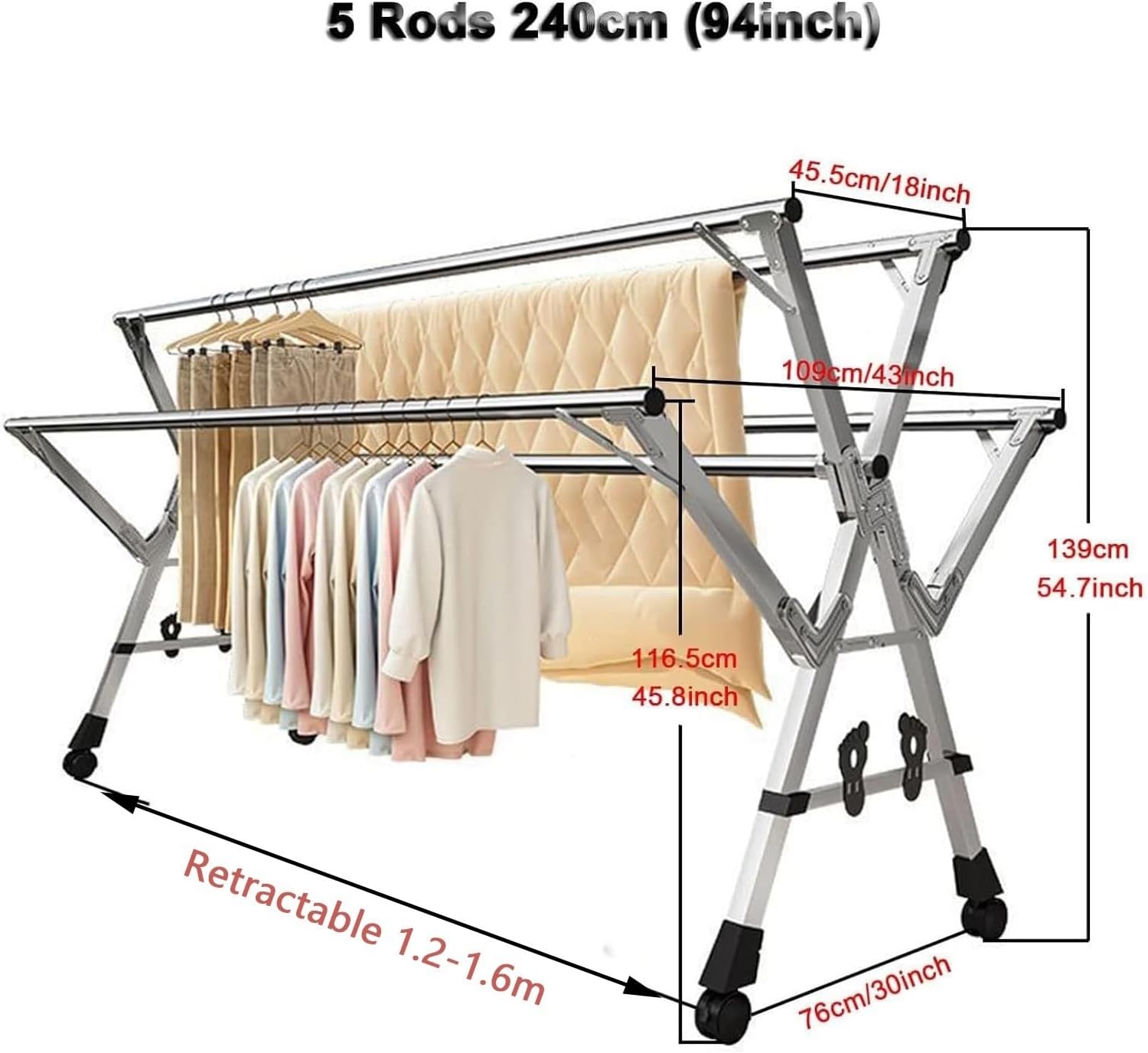 Garment Rack Heavy Duty with Wheels, Collapsible Clothes Drying Racks Foldable, Laundry Rack for Drying Clothes, 5 Rod Stainless Steel Laundry Stand, for Clothes, Towels