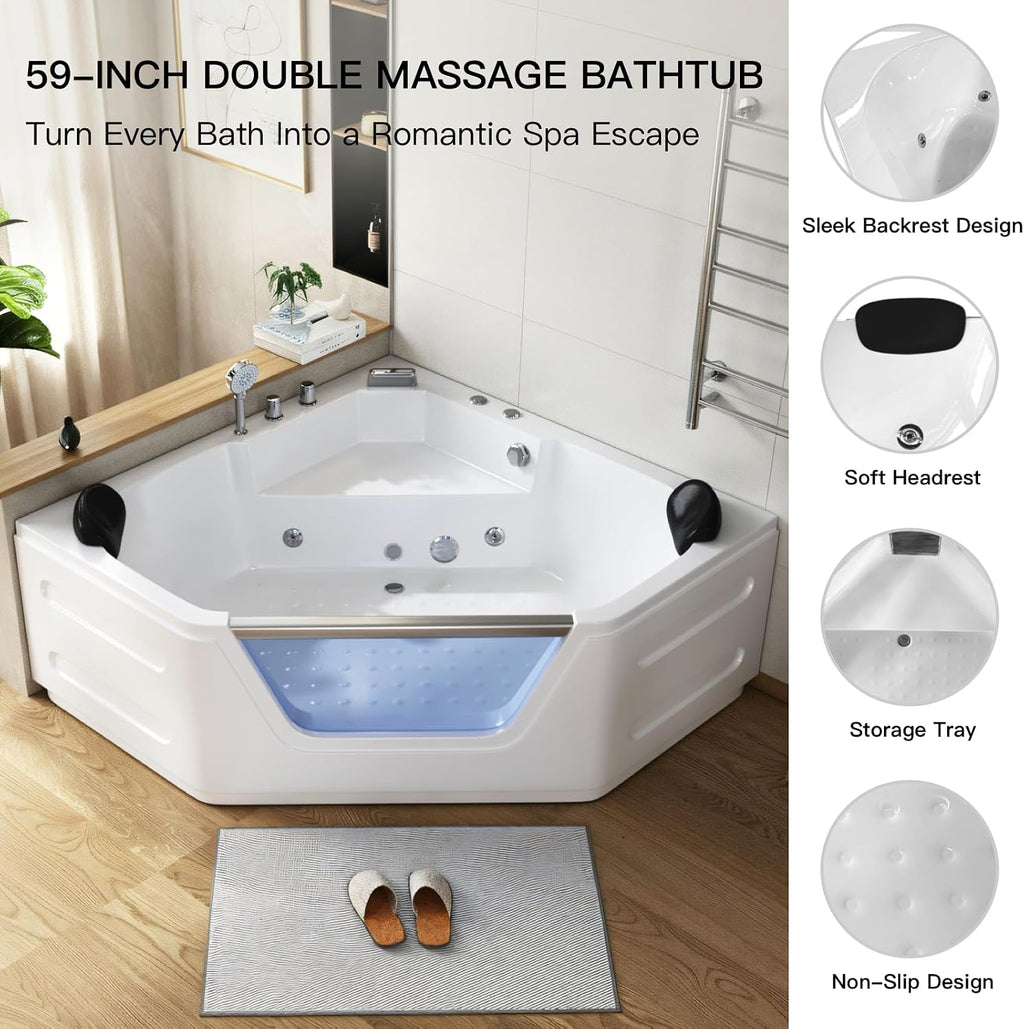 59x59 Corner Jetted Tub - Luxury White Whirlpool Acrylic Bathtub with 7 Color Light Ideal for Couples' Relaxation and Wellness Home Spa, Ergonomical Bathtub Includes Faucet & 2 Bath Pillows
