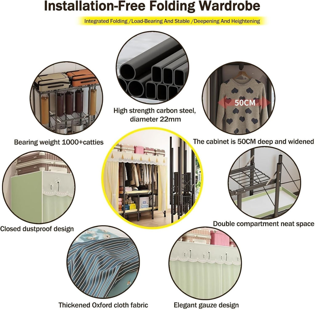 Large Capacity Portable Foldable Cloth Rack With Cover - Bedroom Heavy-duty Closet Rack, 2000 Lbs Capacity Wardrobe Clothing Storage Rack Display Rack/Freestanding Clothing Coat Storage Rack(Color:A,S