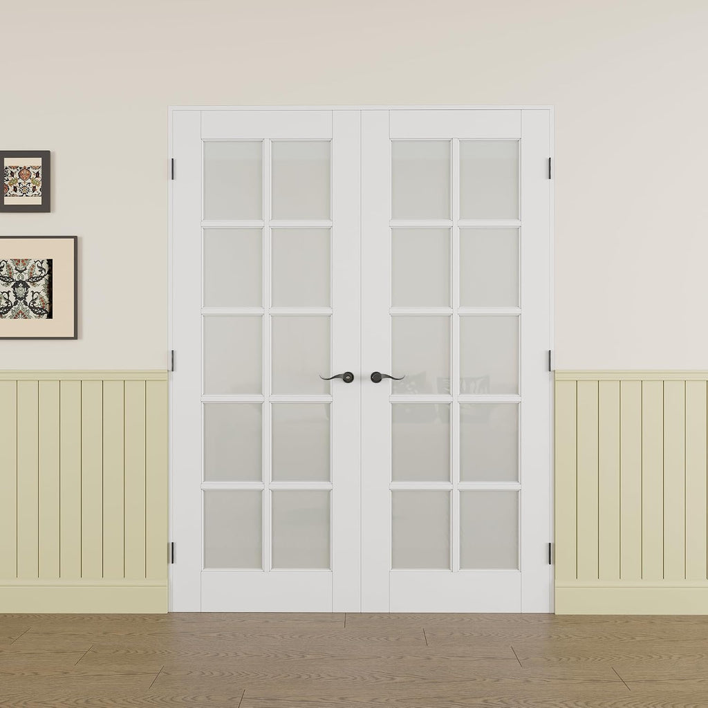 Prehung French Door 60' x 80' (2x30 in), Tempered Frosted Glass Door Slabs with Jamb, Black Hinges, 4 Levers & Latch, Solid Core Interior Door, Pre-Finished & Paintable, MDF Double Doors Interior