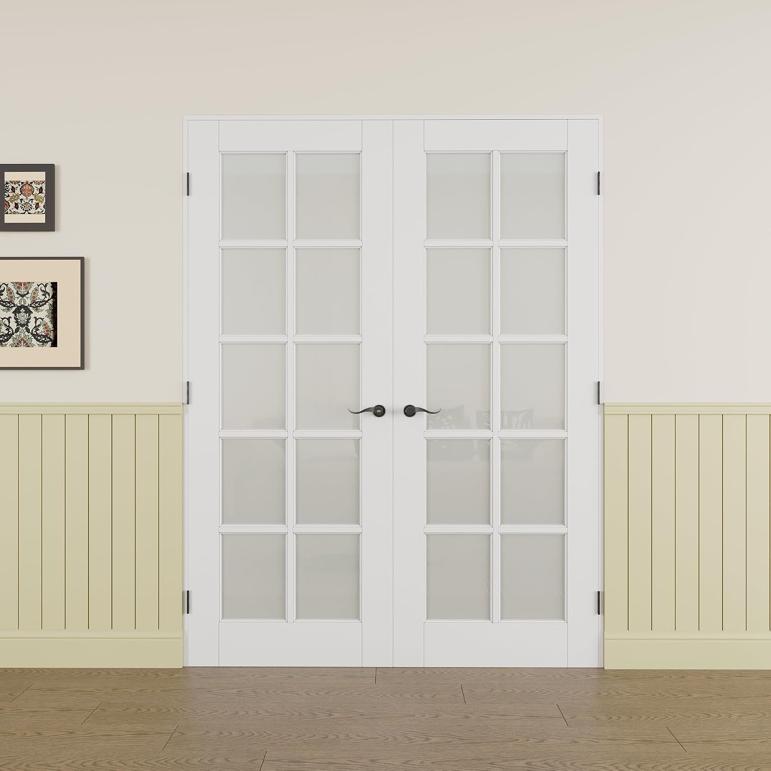 Prehung French Door 60' x 80' (2x30 in), Tempered Frosted Glass Door Slabs with Jamb, Black Hinges, 4 Levers & Latch, Solid Core Interior Door, Pre-Finished & Paintable, MDF Double Doors Interior