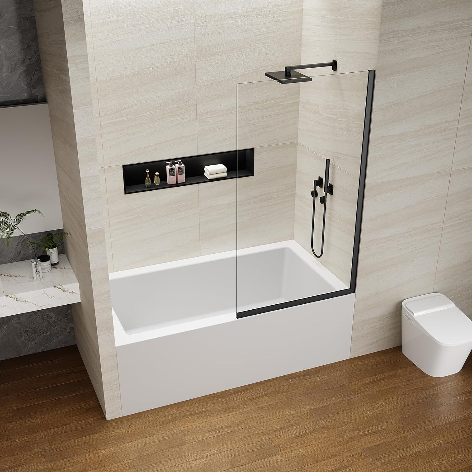 Shower Screen 35' x 60' Half Frameless Shower Bathtub Wall Panel, Tempered Glass 3/8 inch, Easy to clean Coating, Fixed Glass Shower Door with Hardware (Matte Black)