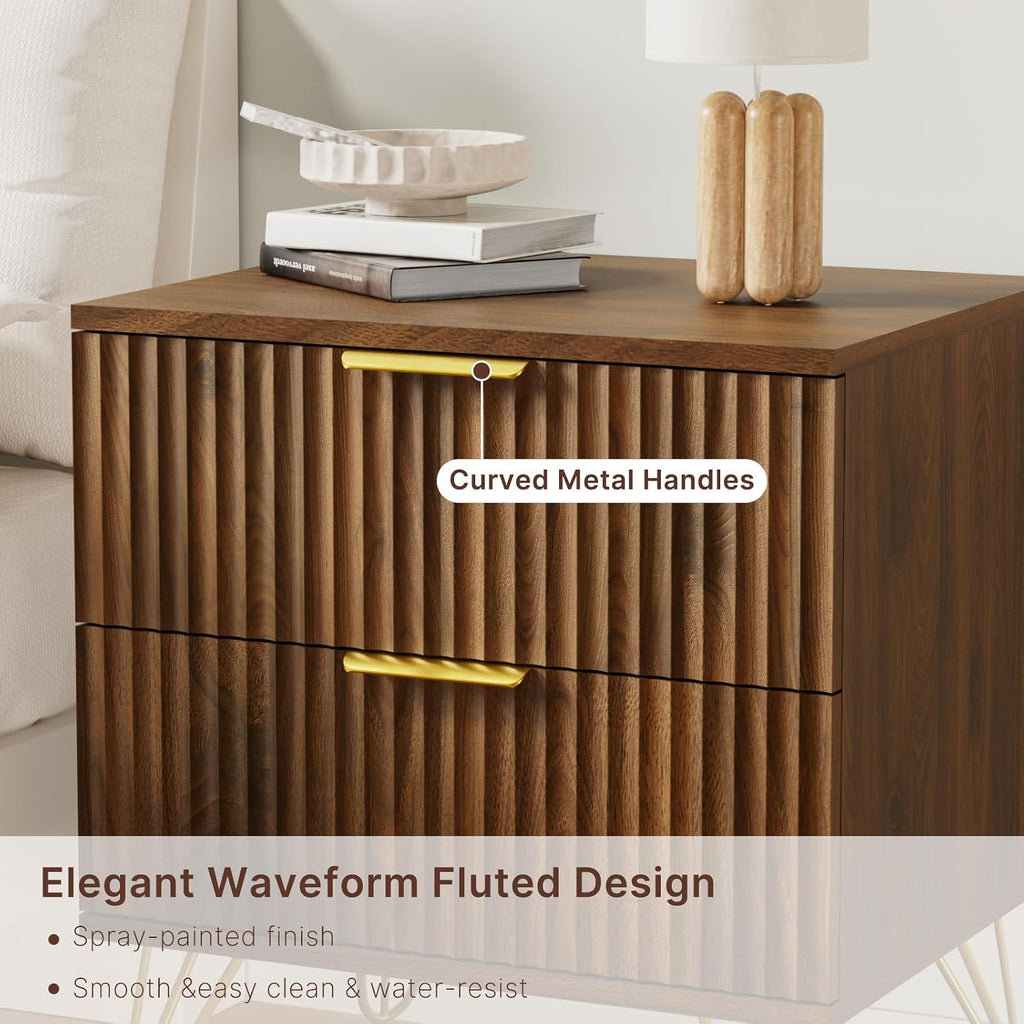 Set of 2 Nightstand, Mid Century Modern Night Stand Bedside Table with 2 Storage Drawer, Bed Side End Table with Golden Handles and Legs for Bedroom, Walnut