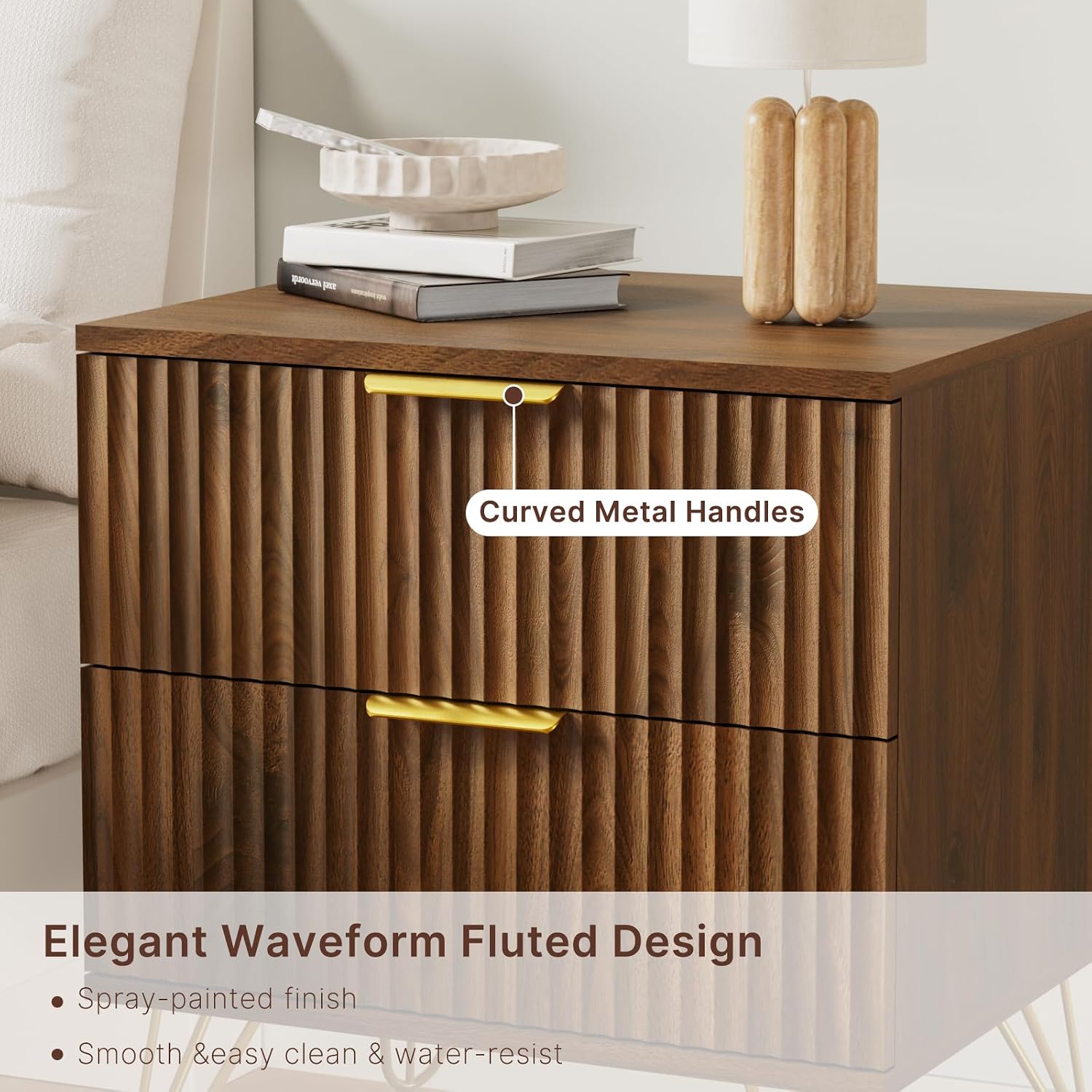 Set of 2 Nightstand, Mid Century Modern Night Stand Bedside Table with 2 Storage Drawer, Bed Side End Table with Golden Handles and Legs for Bedroom, Walnut