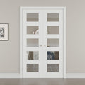 48' x 80' French Doors Interior (Double 24' x 80' 5-Lite Clear Glass Door with Silver Hinge Prehung Jamb Kit), Pre-Finished & Paintable, Prebuilt Home Door Panels & Assembly Required Jamb