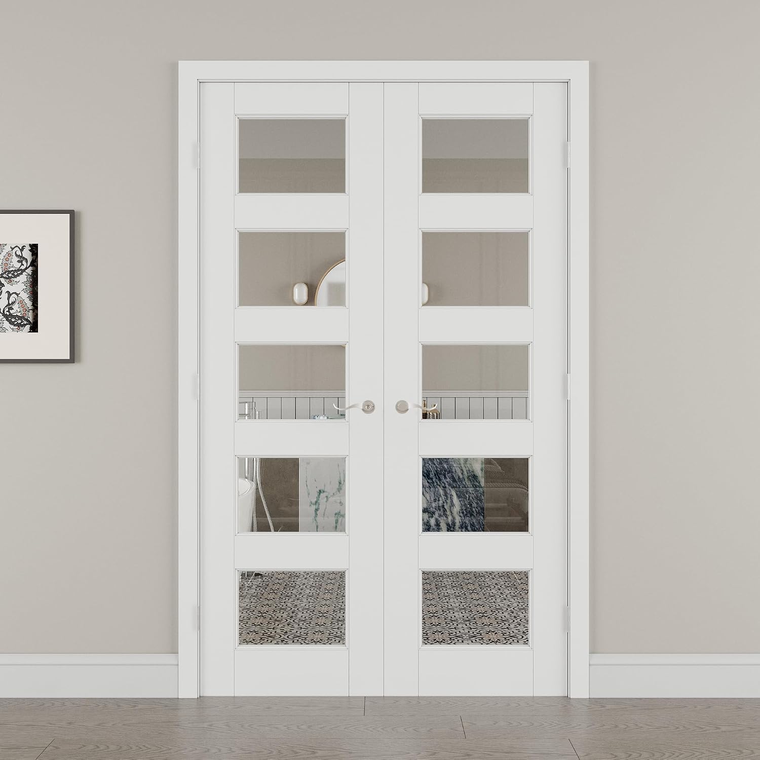 48' x 80' French Doors Interior (Double 24' x 80' 5-Lite Clear Glass Door with Silver Hinge Prehung Jamb Kit), Pre-Finished & Paintable, Prebuilt Home Door Panels & Assembly Required Jamb