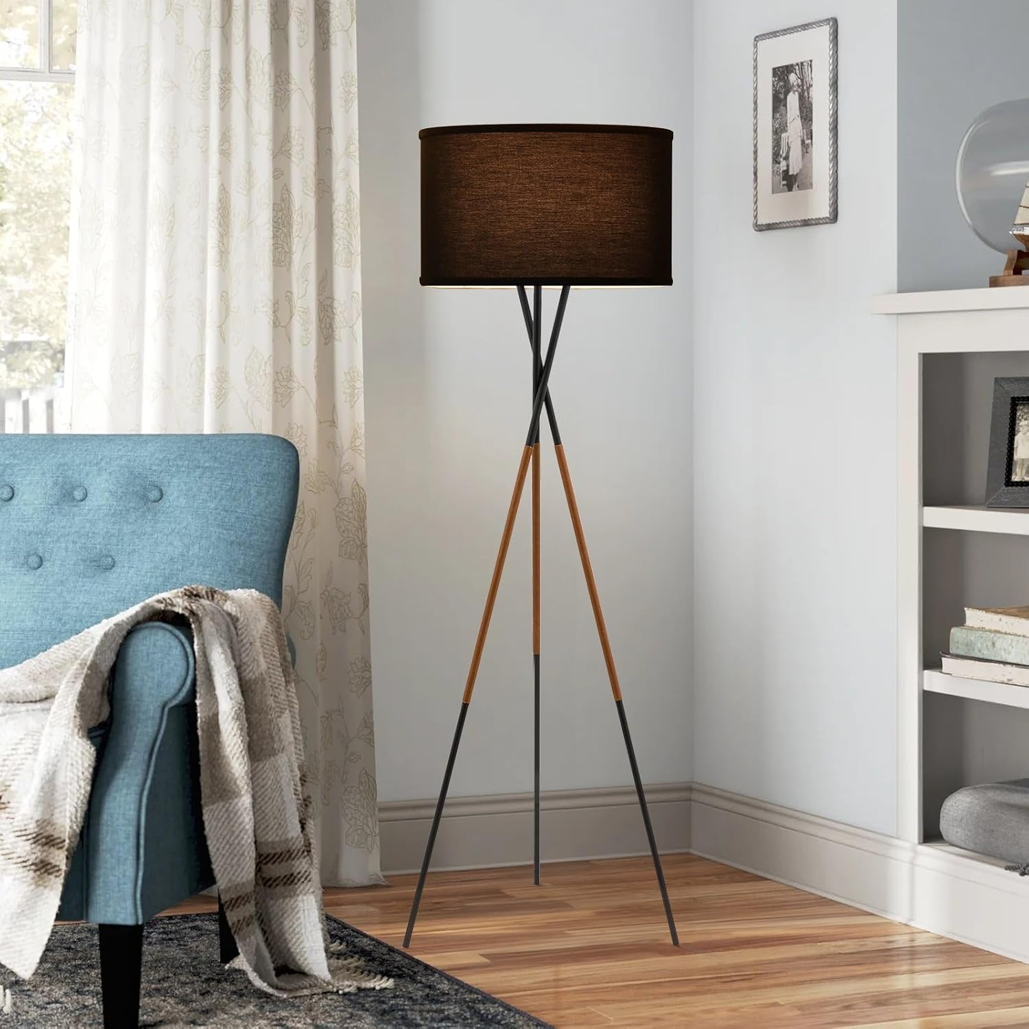 Kira Home Sadie 61' Modern Tripod Floor Lamp with Black Linen Drum Shade, Cross-Leg Standing Light with 9W LED Bulb and Leather Accent, Black Finish