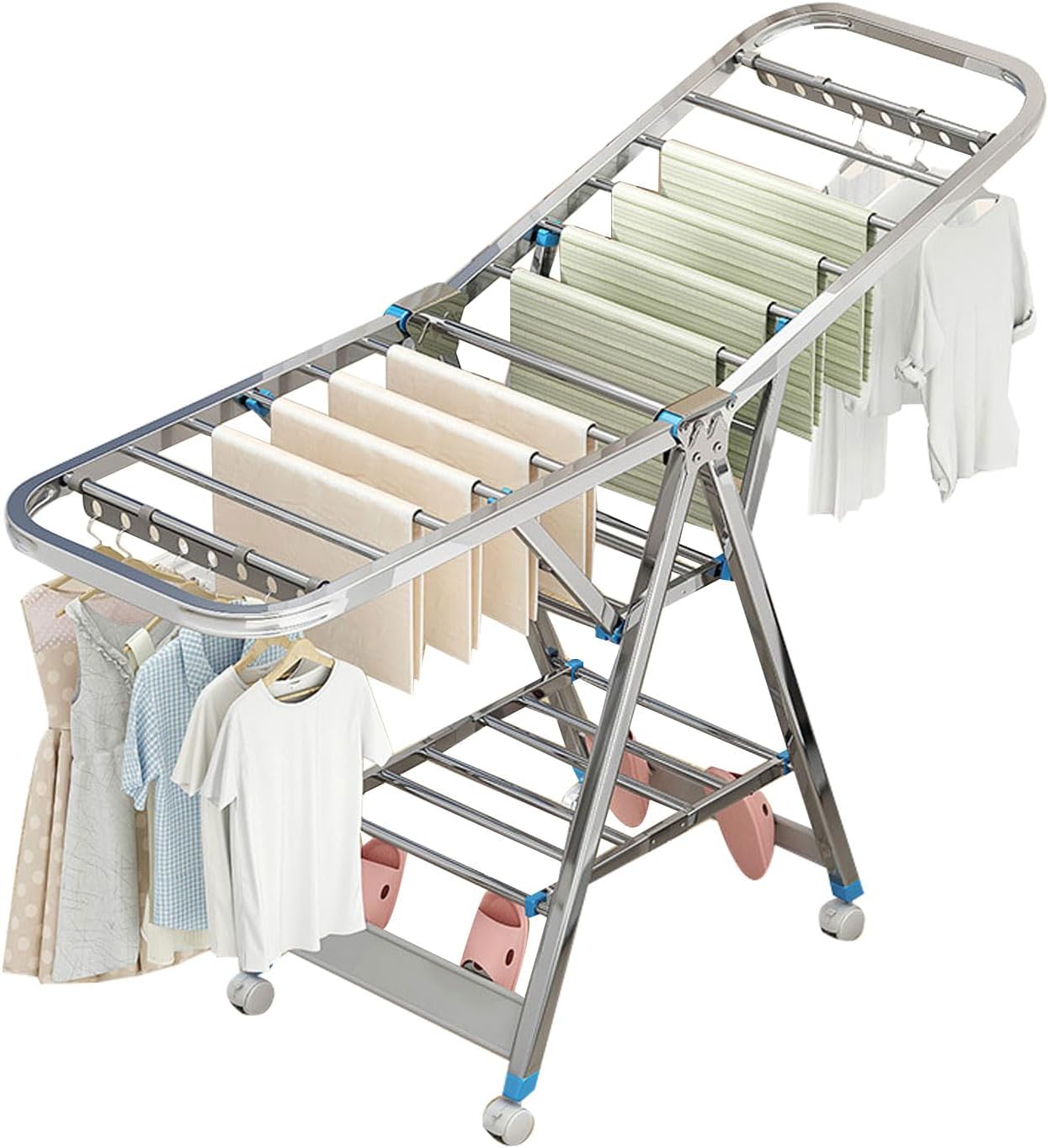 Clothes Drying Racks for Laundry Foldable, Rolling Garment Rack Heavy Duty with Wheels, Laundry Stand Organizer Stainless Steel, Clothes Dryer Racks for Laundry (150cm/59in)