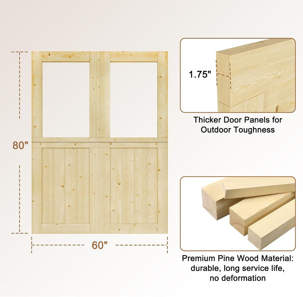 Exterior Dutch Door Slab, 60' x 80', Universal 1 Lite Panel Split Single Doors, Solid Core Home Door, Natural Pine Wood - with 8 Black Hinges & 2 Latch, Without Jamb