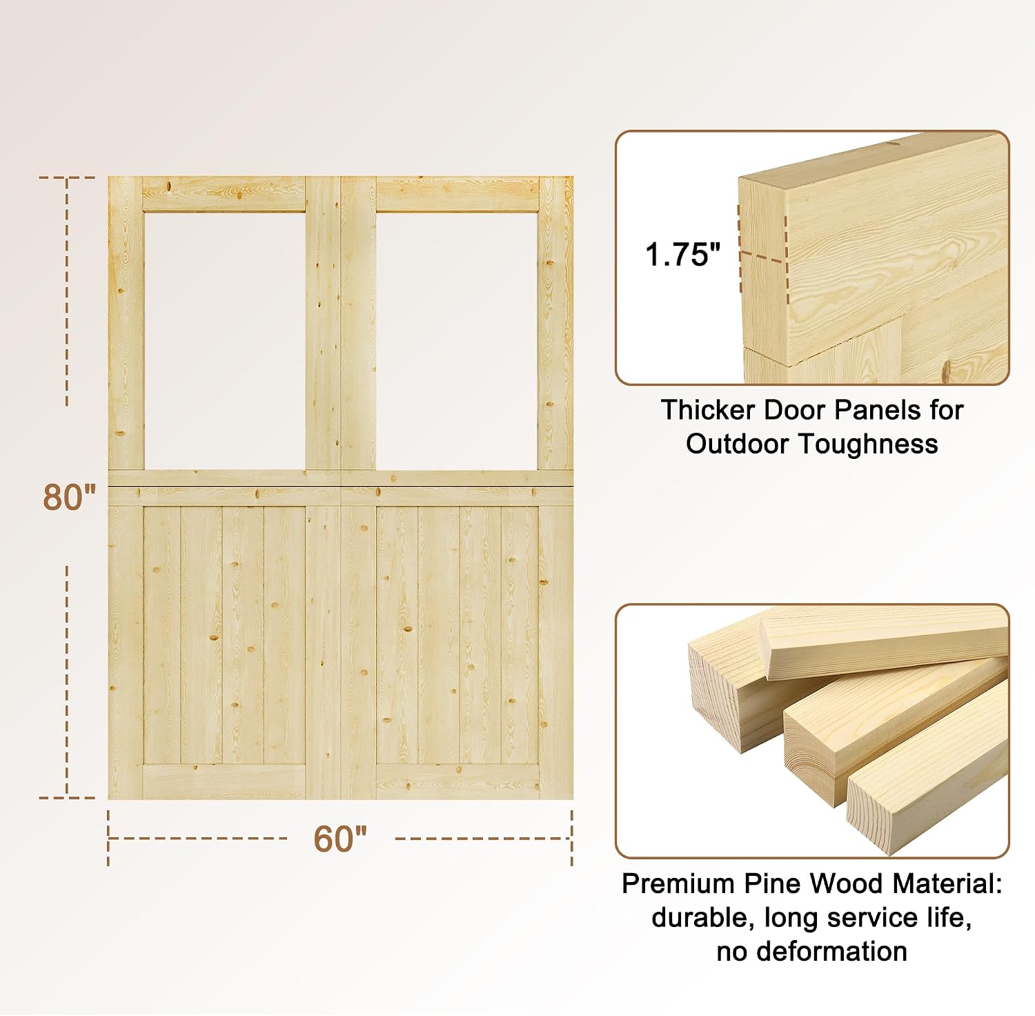 Exterior Dutch Door Slab, 60' x 80', Universal 1 Lite Panel Split Single Doors, Solid Core Home Door, Natural Pine Wood - with 8 Black Hinges & 2 Latch, Without Jamb