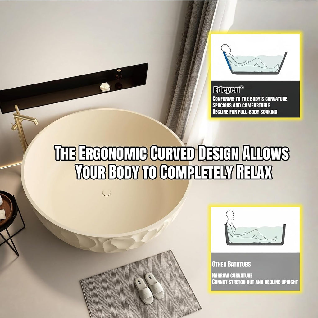 67' Edeyeu Freestanding Bathtub – Modern Solid Surface Bathtub With Ripple Design, Extra Deep Soaking Tub, Ergonomic Stand Alone Tub For Luxury Bathroom Spaces D