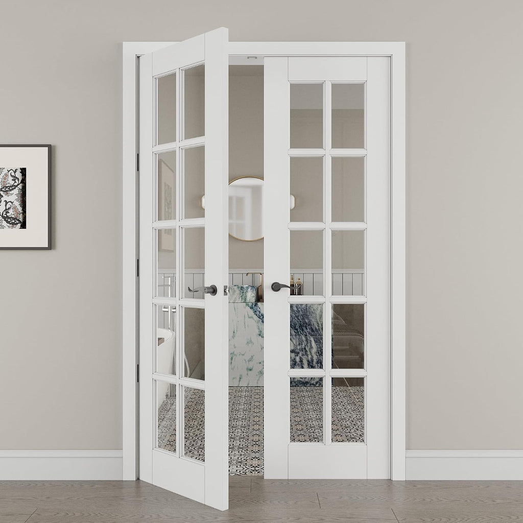 56' x 80' French Doors Interior (Double 28' x 80' 10-Lite Clear Glass Door with Black Hinge Prehung Jamb Kit), Pre-Finished & Paintable, Prebuilt Home Door Panels & Assembly Required Jamb