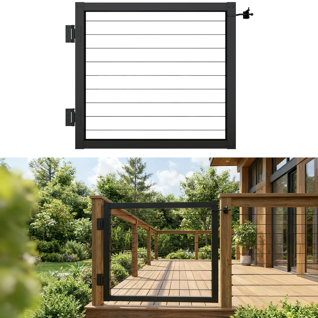Aluminum Cable Railing Gate 32.5' Height | Adjustable up to 36' Wide Black Powder-Coated Railing Gate with with Patented Pre-install Cable Railing Kit