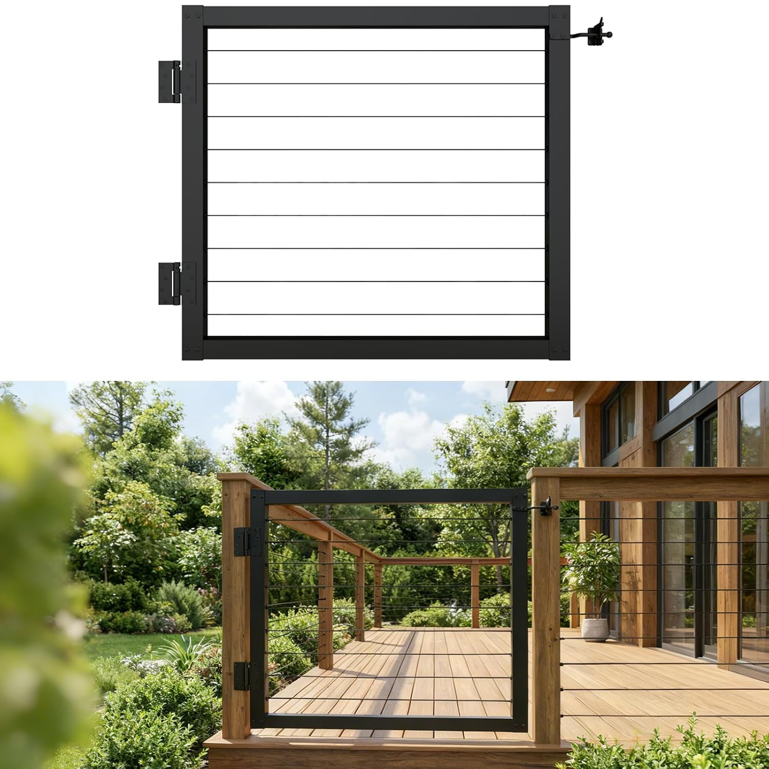 Aluminum Cable Railing Gate 32.5' Height | Adjustable up to 36' Wide Black Powder-Coated Railing Gate with with Patented Pre-install Cable Railing Kit