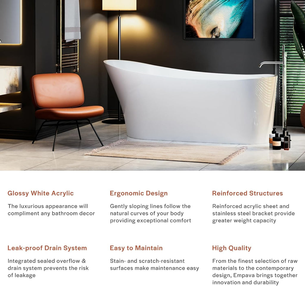 Empava Freestanding Bathtub, 67' Soaking Tub with End Drain & Overflow – Acrylic Tub, Non-Slip Flat Bottom, Glossy White, cUPC Certified