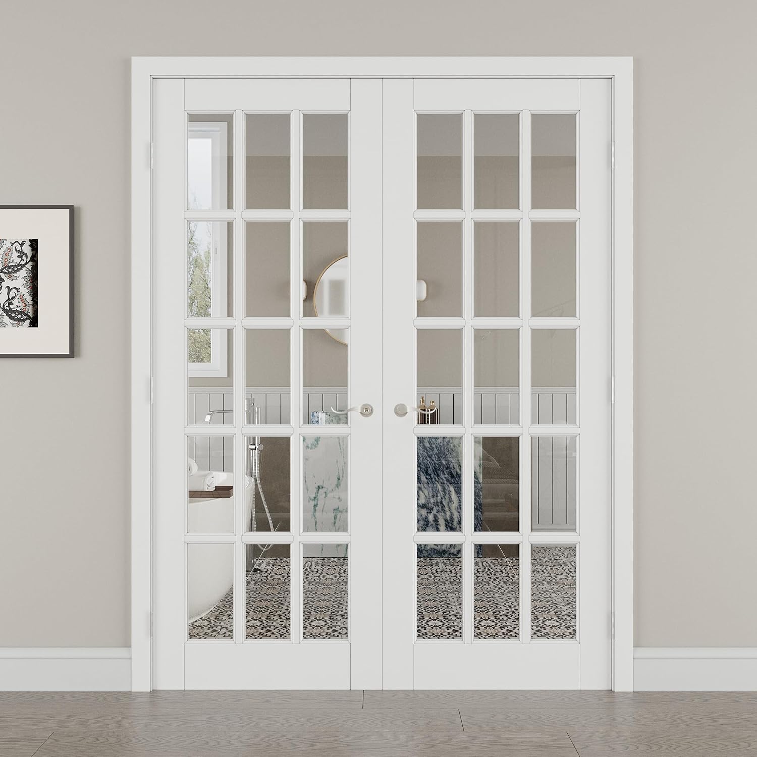 60' x 80' French Doors Interior (Double 30' x 80' 15-Lite Clear Glass Door with Silver Hinge Prehung Jamb Kit), Pre-Finished & Paintable, Prebuilt Home Door Panels & Assembly Required Jamb