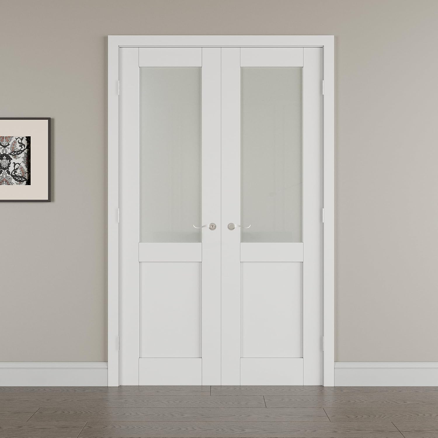 48' x 80' French Doors Interior (Double 24' x 80' Half Frosted Glass Door with Silver Hinge Prehung Jamb Kit), Pre-Finished & Paintable, Prebuilt Home Door Slabs & Assembly Required Jamb