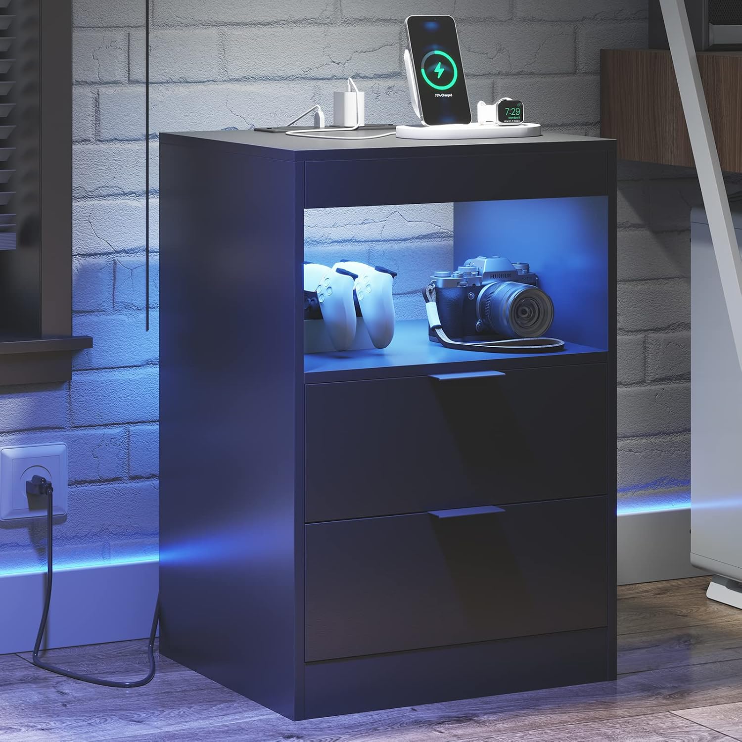 Tiptiper Black Nightstand Set of 2, LED Nightstand with Wireless Charging Station, Night Stand with Drawers & Pull-Out Shelf, Modern Bedside Table with Storage, End Table Side Table