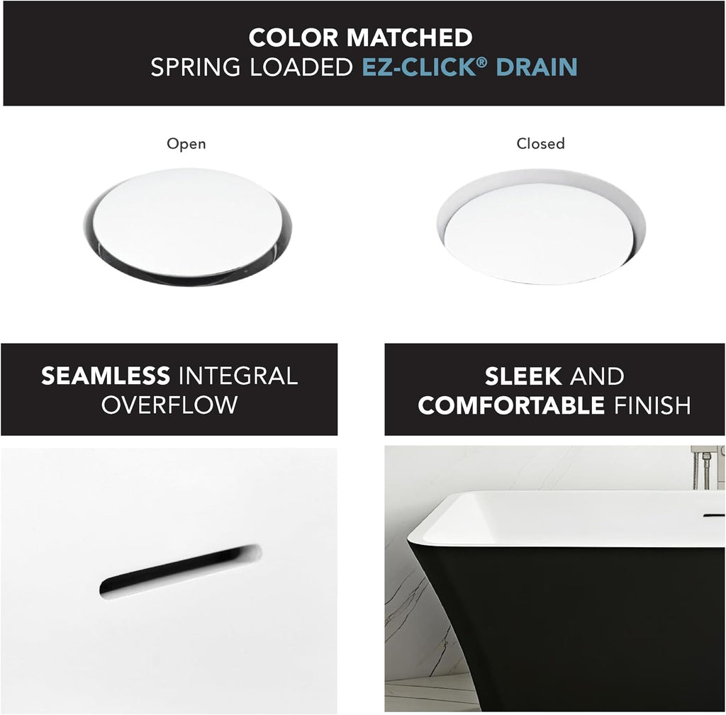 Transolid Lily 59 in. Freestanding Deep Soaking Bathtub | 23 in. Confirmed Soak Depth | Acrylic Flatbottom | Center Drain | Bath Pillow Included | 59 x30x23 in. | Matte Black/White | K-AFTL5930-M3109