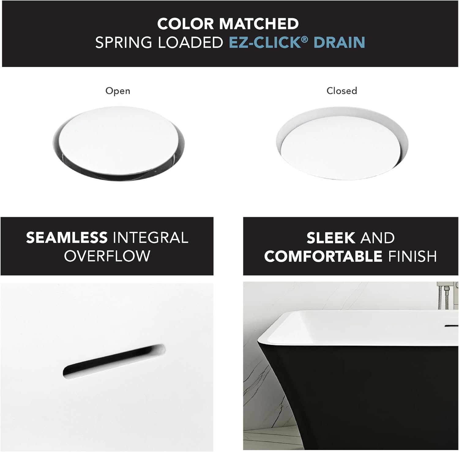 Transolid Lily 59 in. Freestanding Deep Soaking Bathtub | 23 in. Confirmed Soak Depth | Acrylic Flatbottom | Center Drain | Bath Pillow Included | 59 x30x23 in. | Matte Black/White | K-AFTL5930-M3109