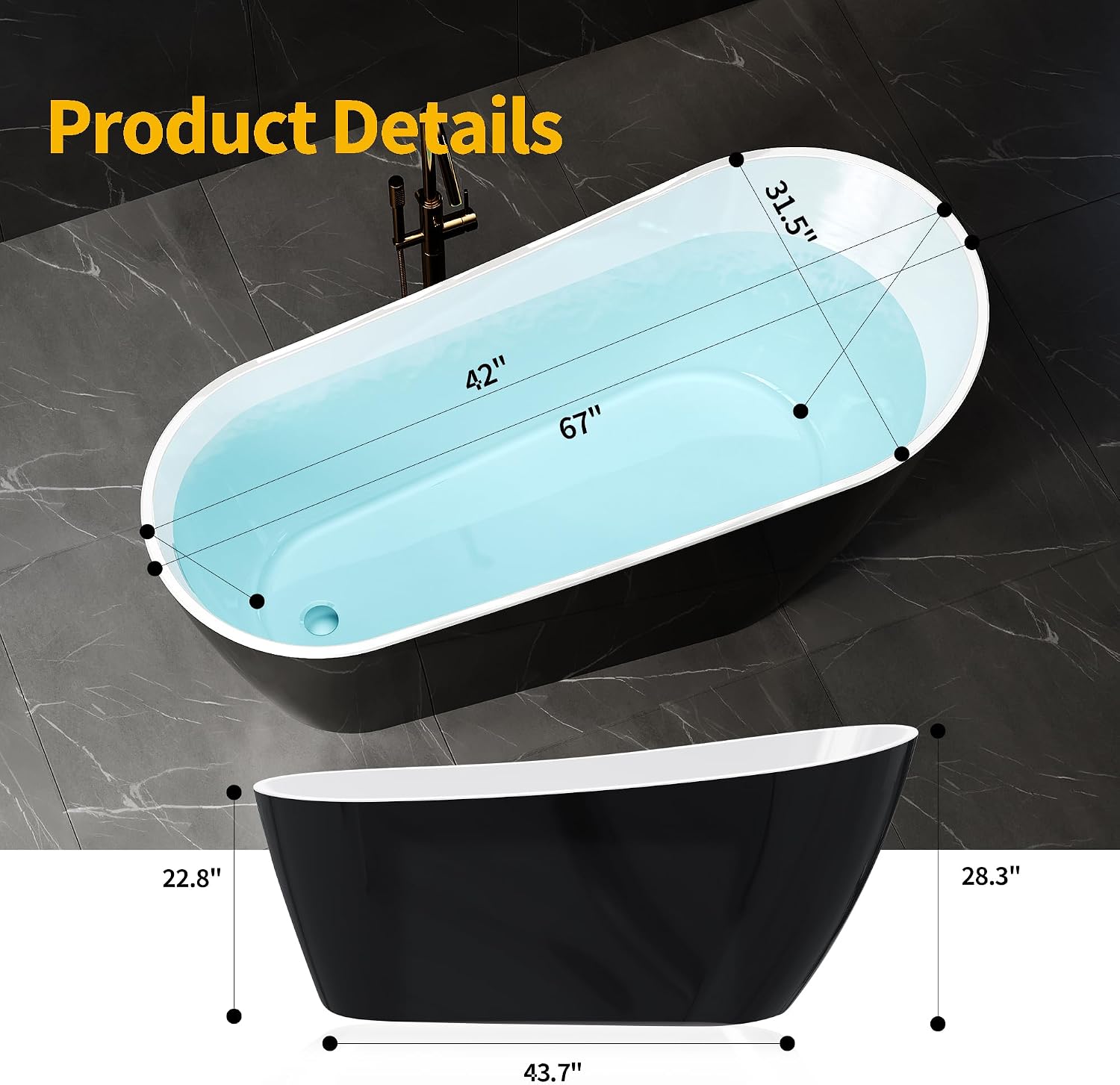 67 Inch Acrylic Freestanding Bathtub, Acrylic Soaking Bathtub with Matte Drain and Overflow, Modern Square Tub, cUPC Certified, Deep Ergonomic Design, Double-Walled Insulation, Easy Installation