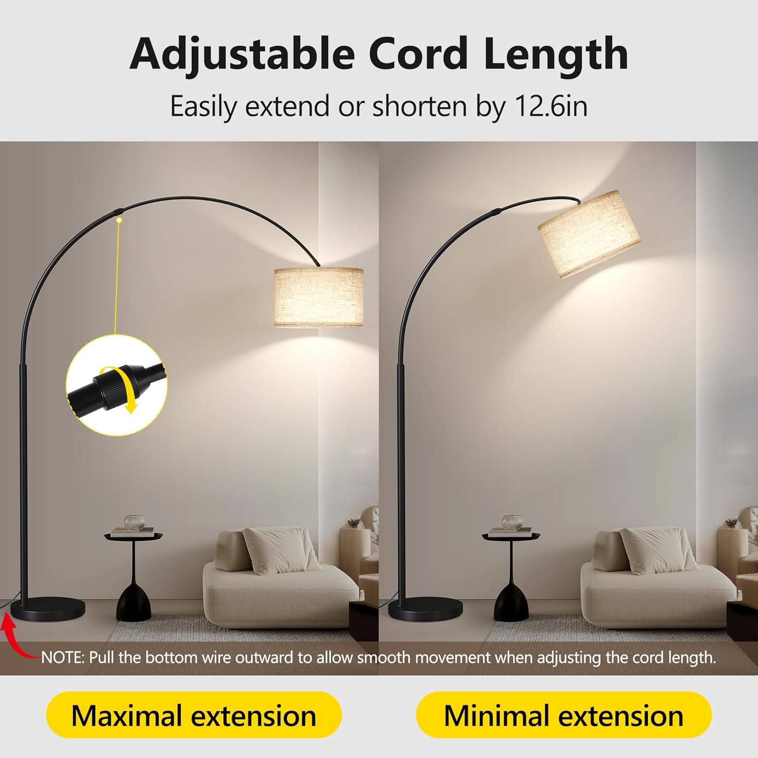 SUNMORY 82' Tall Arc Floor Lamps for Living Room, Large Floor lamp with Length Adjustable, Modern Curved Floor lamp, Corner Lamp for Dining Room, Office, Black