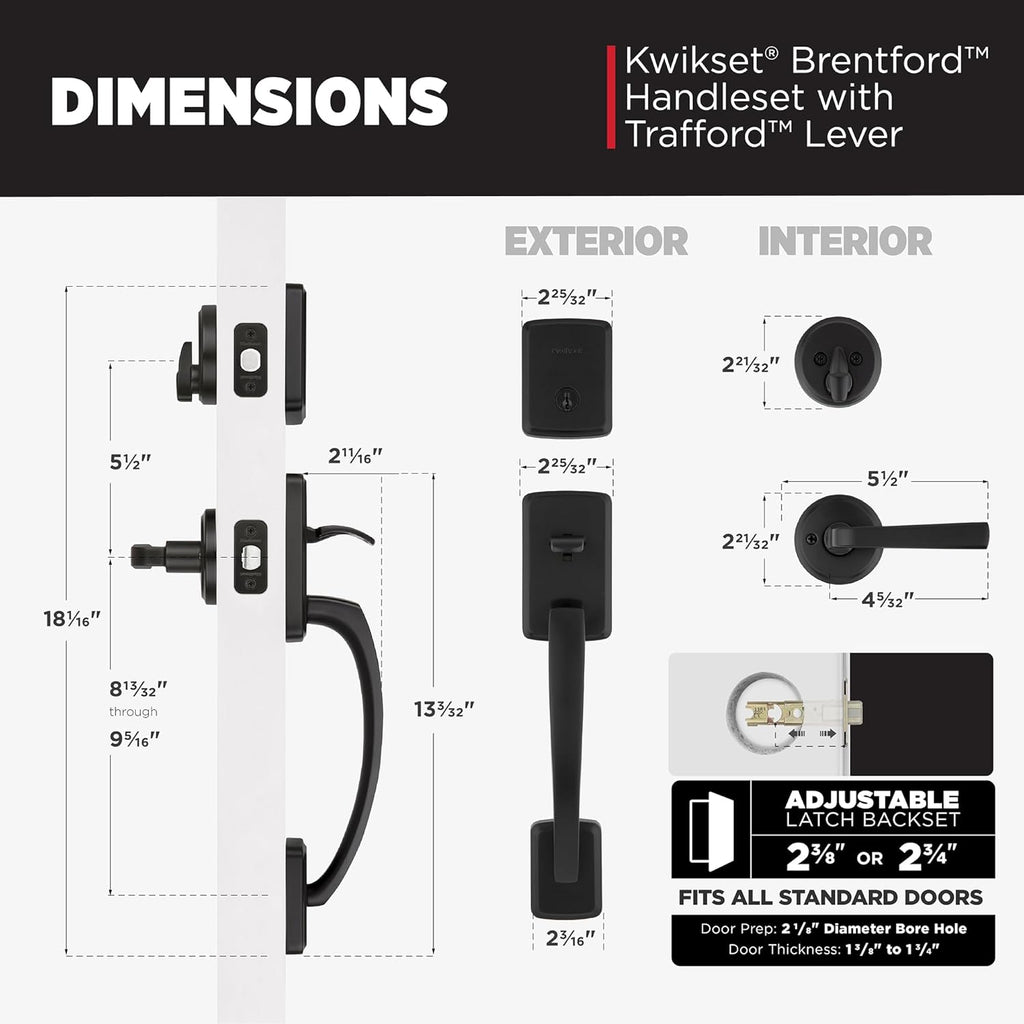 Kwikset Brentford Front Door Lock Handle and Deadbolt Set, Entry Handleset with Trafford Reversible Lever, Matte Black, Pick Resistant SmartKey Rekey Deadbolt Security, with Microban Protection