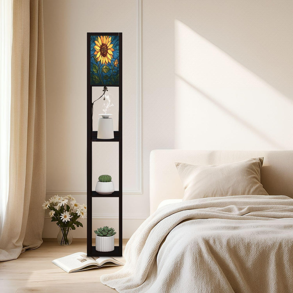 Floor Lamp with Shelves Sunflower Stained Glass for Windows Home Decor Standing Tall Lamp USB Ports & Power Outlet Modern Corner Lamp Nightstand Light for Living Room Bedroom