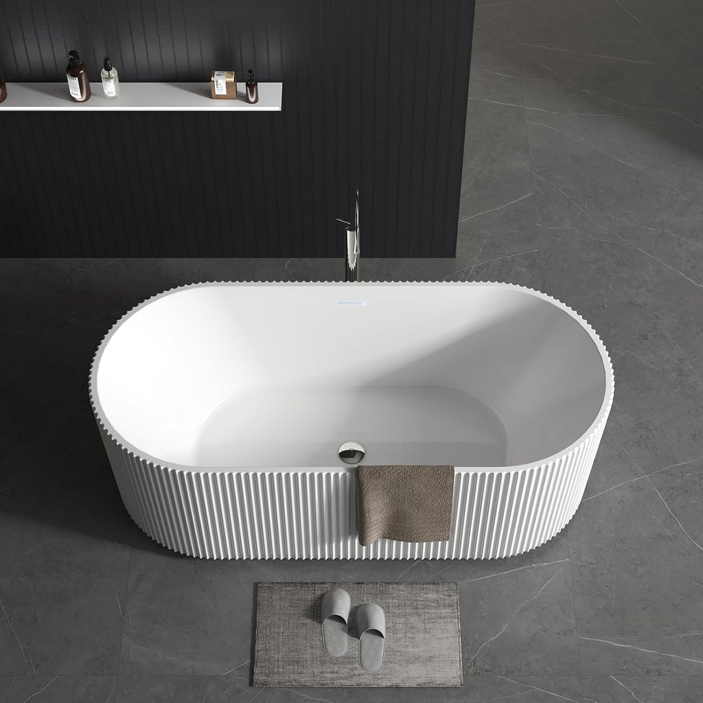 59' Modern Freestanding Bathtub,V Shape Freestanding Soaking Acrylic Bathtub,Unique Design Pleated Tub with Chrome Drain and Classic Slotted Overflow,Cupc Certified,Gloss White