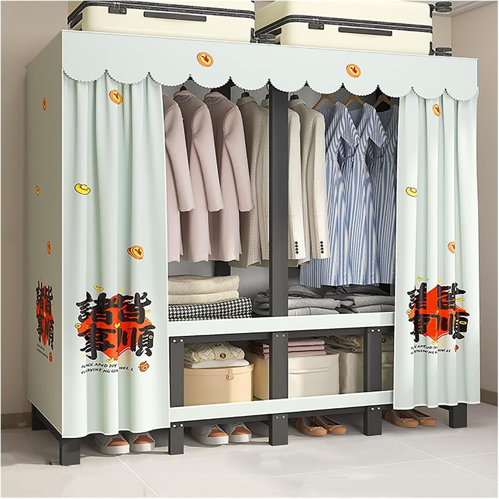 Foldable Wardrobe Closet With Cover, Metal Clothing Rack For Hanging Clothes, Portable Coat Storage Garment Rack, One-Piece Folding Base, For Bedroom, Dorm(Blue1,190cm/74.8inch)