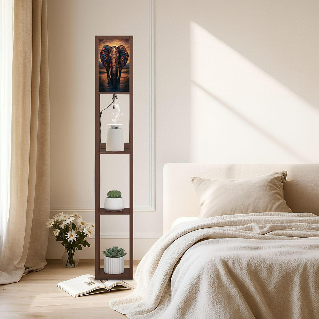 Floor Lamp with Shelves Colored Glass Elephant Sunset Standing Tall Lamp USB Ports & Power Outlet Modern Corner Lamp Nightstand Light for Living Room Bedroom