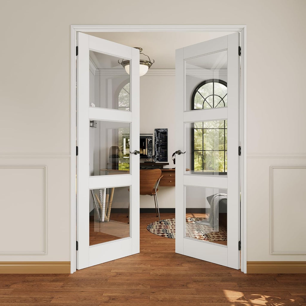 French Door 36' x 80' (Double 18' x 80') 3-Lite Clear Glass Door Slabs with Pre-Hung Jamb, Black Hinges, Levers and Latch, White Primed, French Interior Doors with Frame, Swing Double Bedroom Doors