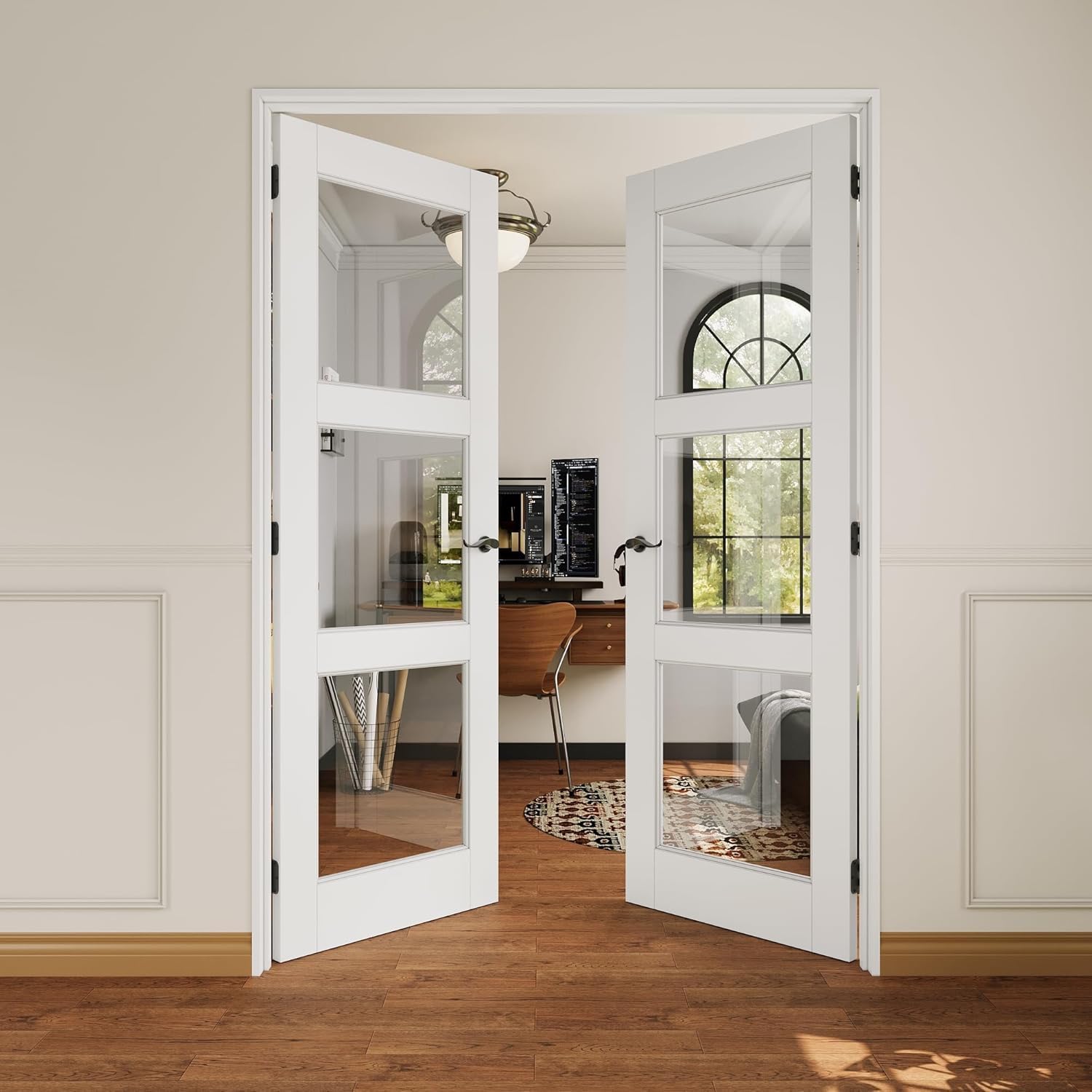 French Door 36' x 80' (Double 18' x 80') 3-Lite Clear Glass Door Slabs with Pre-Hung Jamb, Black Hinges, Levers and Latch, White Primed, French Interior Doors with Frame, Swing Double Bedroom Doors