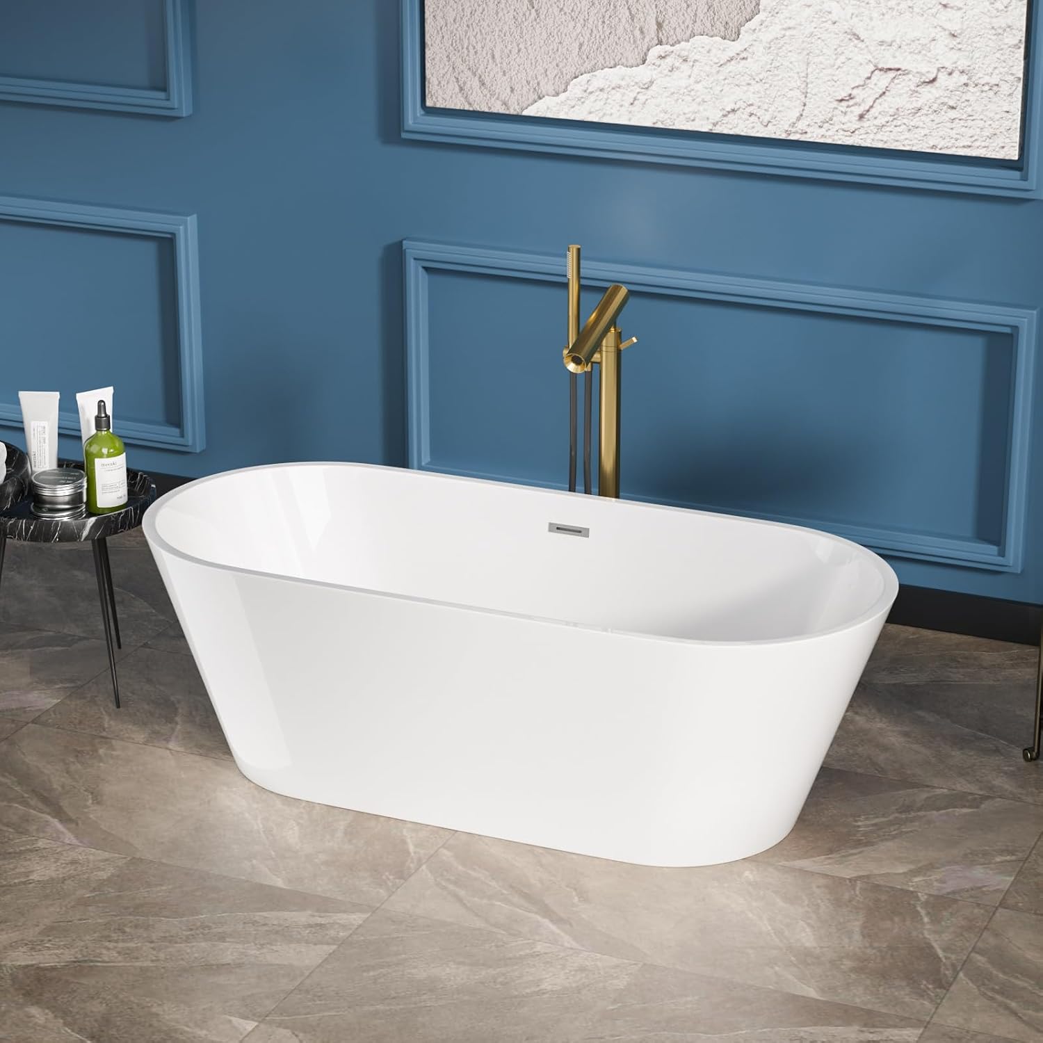 Sarlai 67 Inch Acrylic Freestanding Soaking Bathtub Contemporary Soaking White Tub Stand Alone Ergonomic Bathtub with Chrome Drain and Overflow