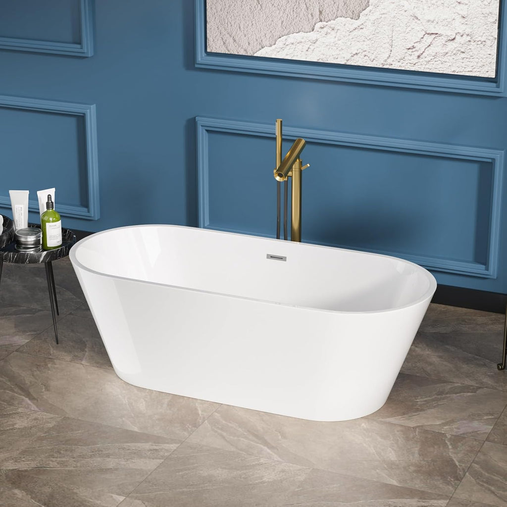 Sarlai 67 Inch Acrylic Freestanding Soaking Bathtub Contemporary Soaking White Tub Stand Alone Ergonomic Bathtub with Black Drain