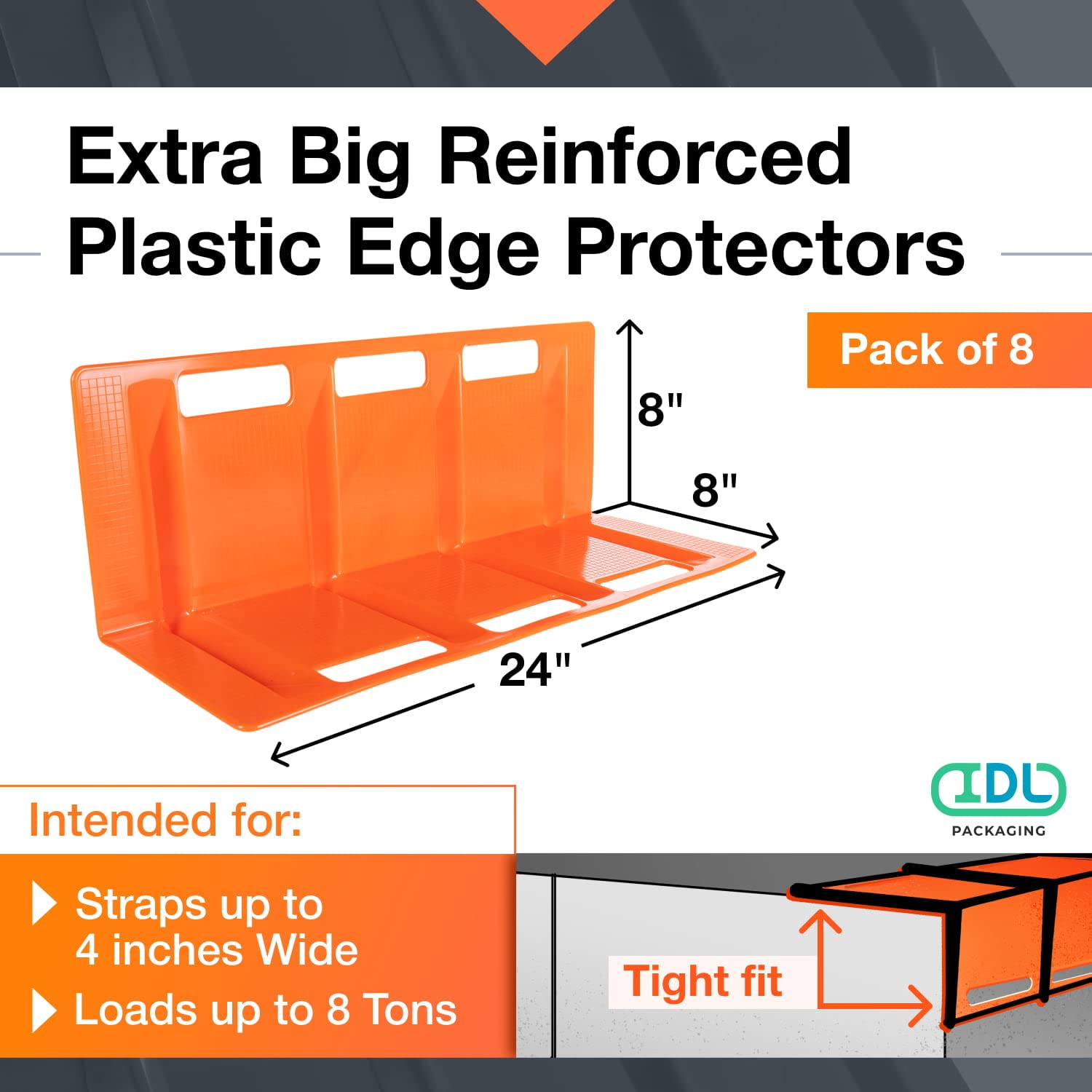 IDL Packaging 24' x 8' x 8' Reinforced Plastic Edge Protector for Tie Downs and Lashing (Pack of 8) – Each Accommodates 3 Slots for up to 4' Straps – Flatbed Corner Guards for Trucks and Shipping
