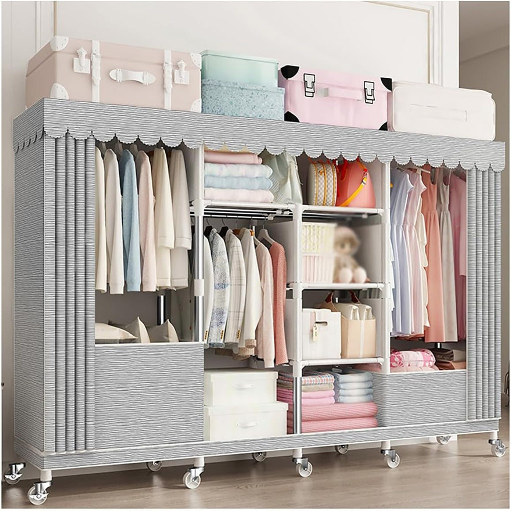 Closet Wardrobe with 360° Wheels 170cm Portable Closet for Bedroom Garment Rack with 2 Clothes Rail and Fabric Cover 6 Compartments (Color : D, Size : 200x45x170cm)