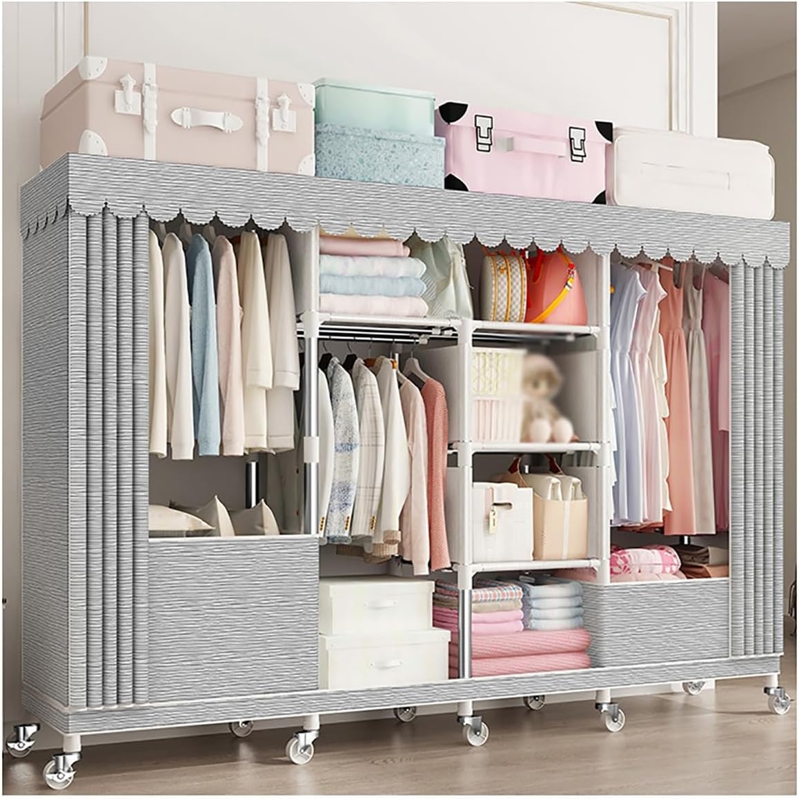 Closet Wardrobe with 360° Wheels 170cm Portable Closet for Bedroom Garment Rack with 2 Clothes Rail and Fabric Cover 6 Compartments (Color : D, Size : 200x45x170cm)