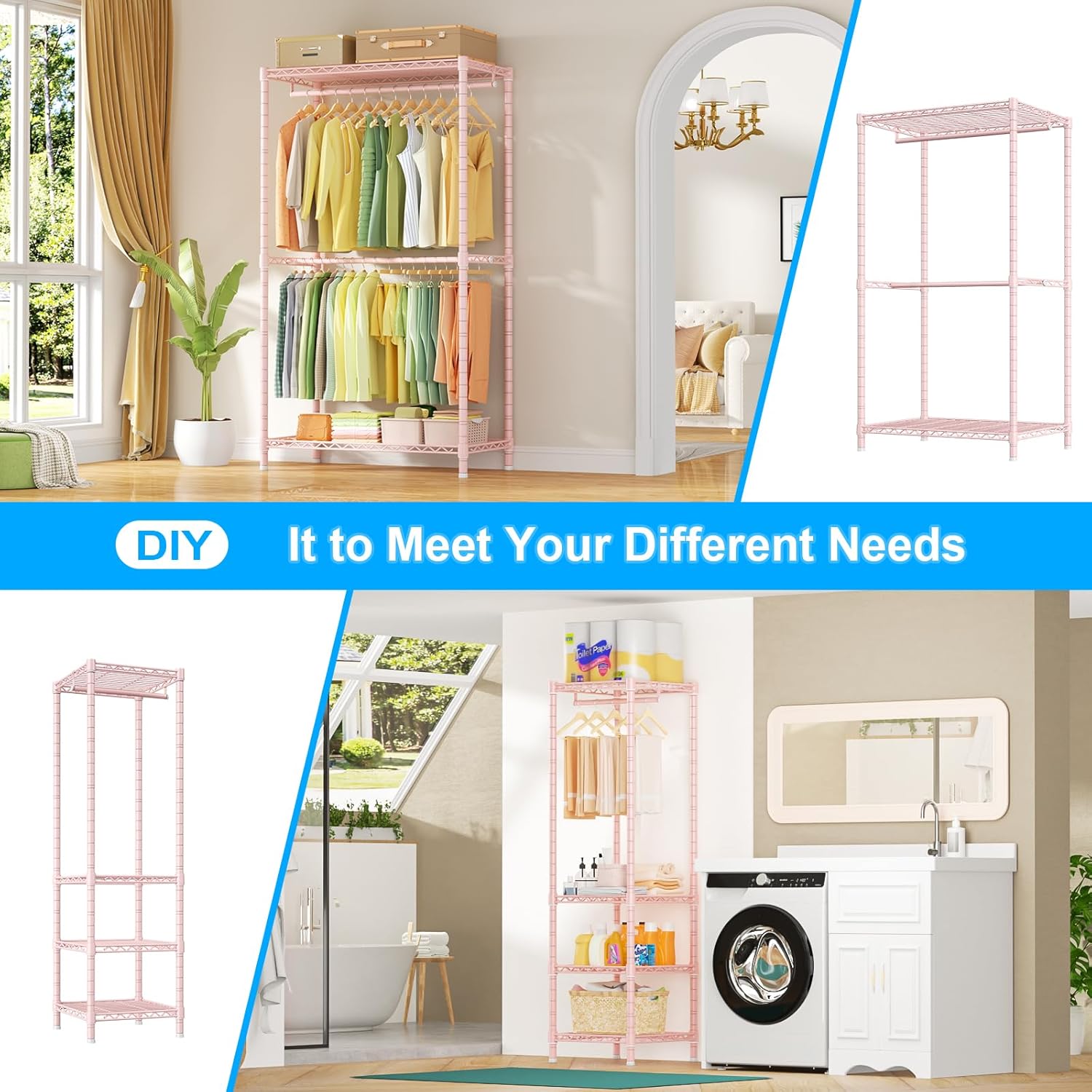 Ulif E10 (With Stretchable Hanger Rod) and E12C (With Black Dustproof Cover) Heavy Duty Closet Organizer System, Freestanding Clothing Rack for Hanging Clothes, Adjustable Garment Rack