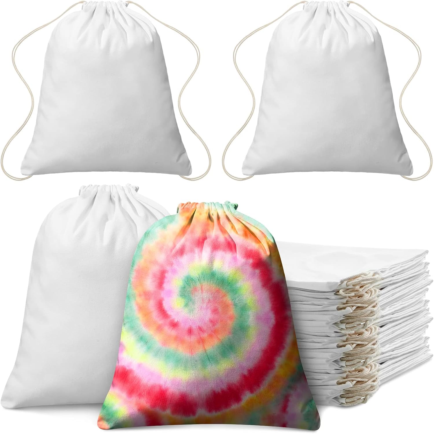 Saintrygo 100 Pcs Tie Dye Drawstring Bags Cotton Sublimation Blank Backpack Bulk Tie Dye Kits Things for Large Groups, 14'x16'