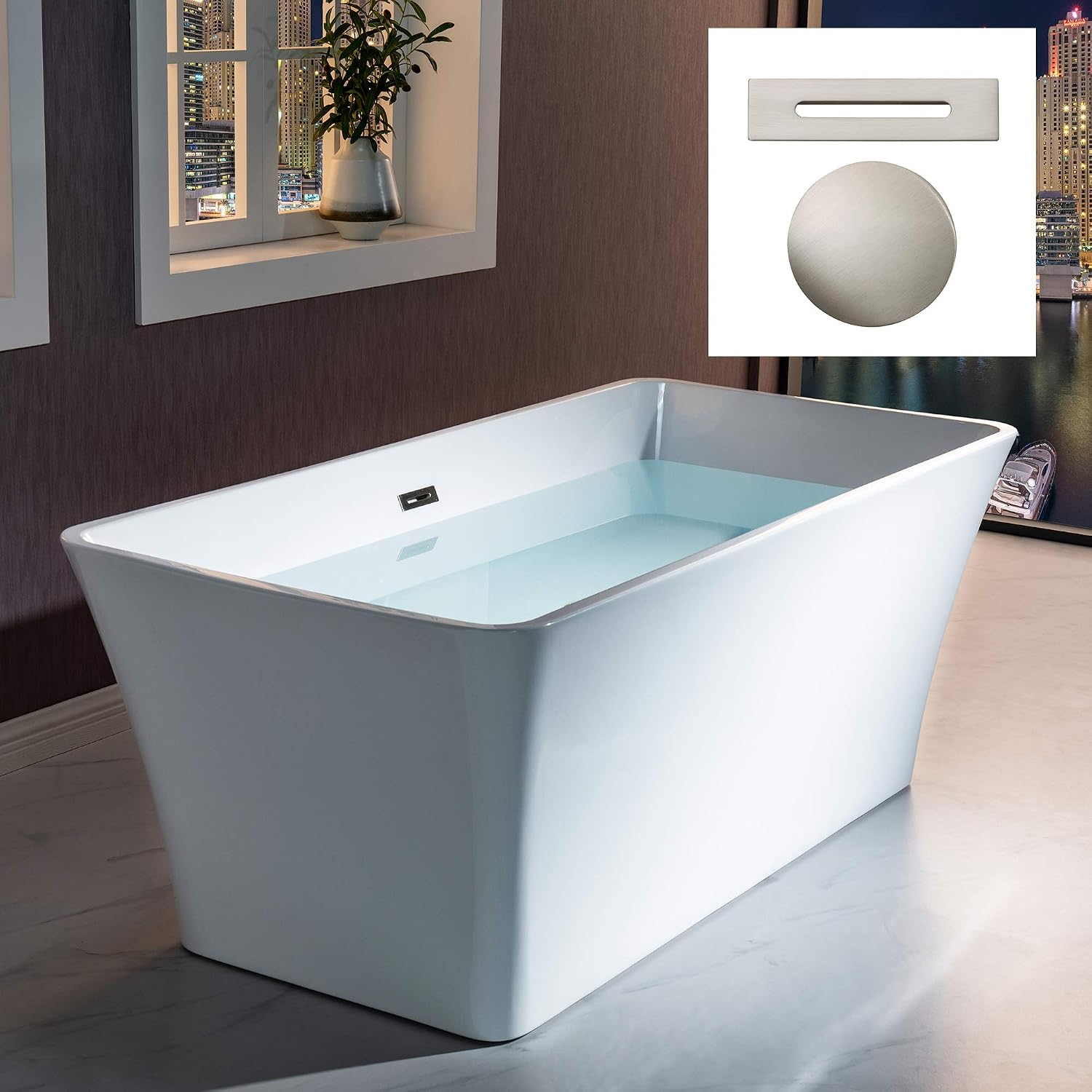 WOODBRIDGE 59'Freestanding White Acylic Soaking Bathtub with Brushed Nickel Drain and Overflow,BTA1509 -B/N-Drain &O