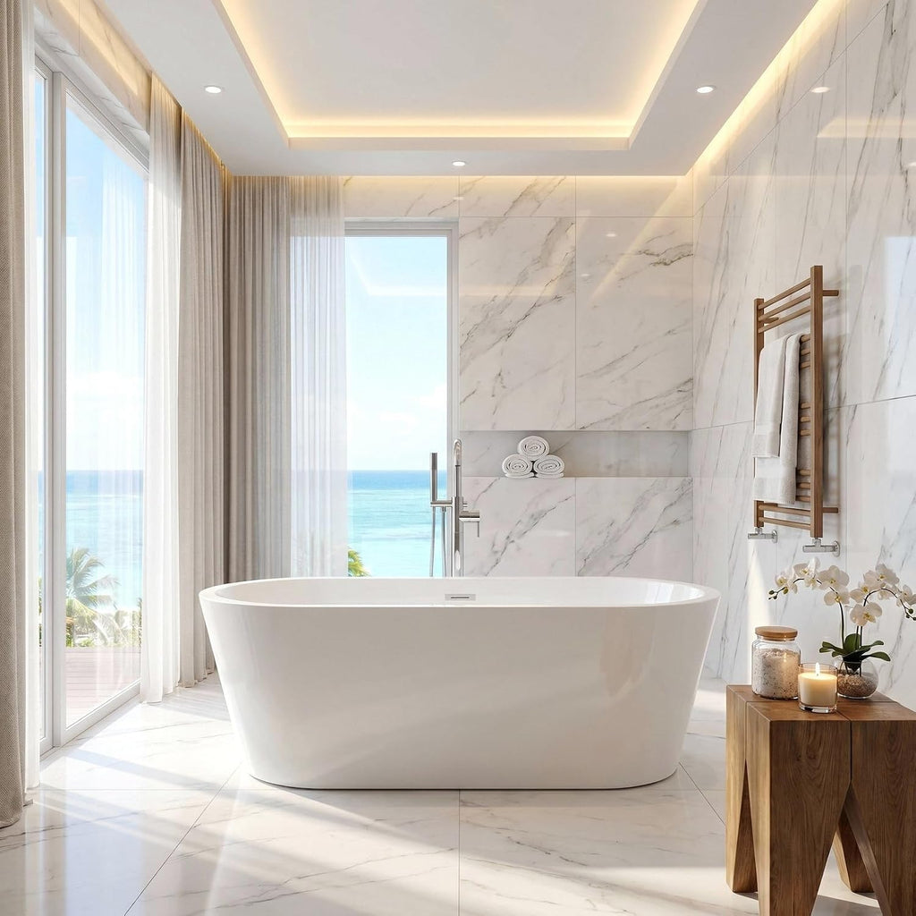 59' Acrylic Freestanding Bathtub,17.7' Deep Soaking Tub with Integrated Overflow & Drain, Non-Slip Base,CUPC Certified Free Standing Tub,Chrome Drain Bath Tub, Modern Tub for Bathrooms,Straight White