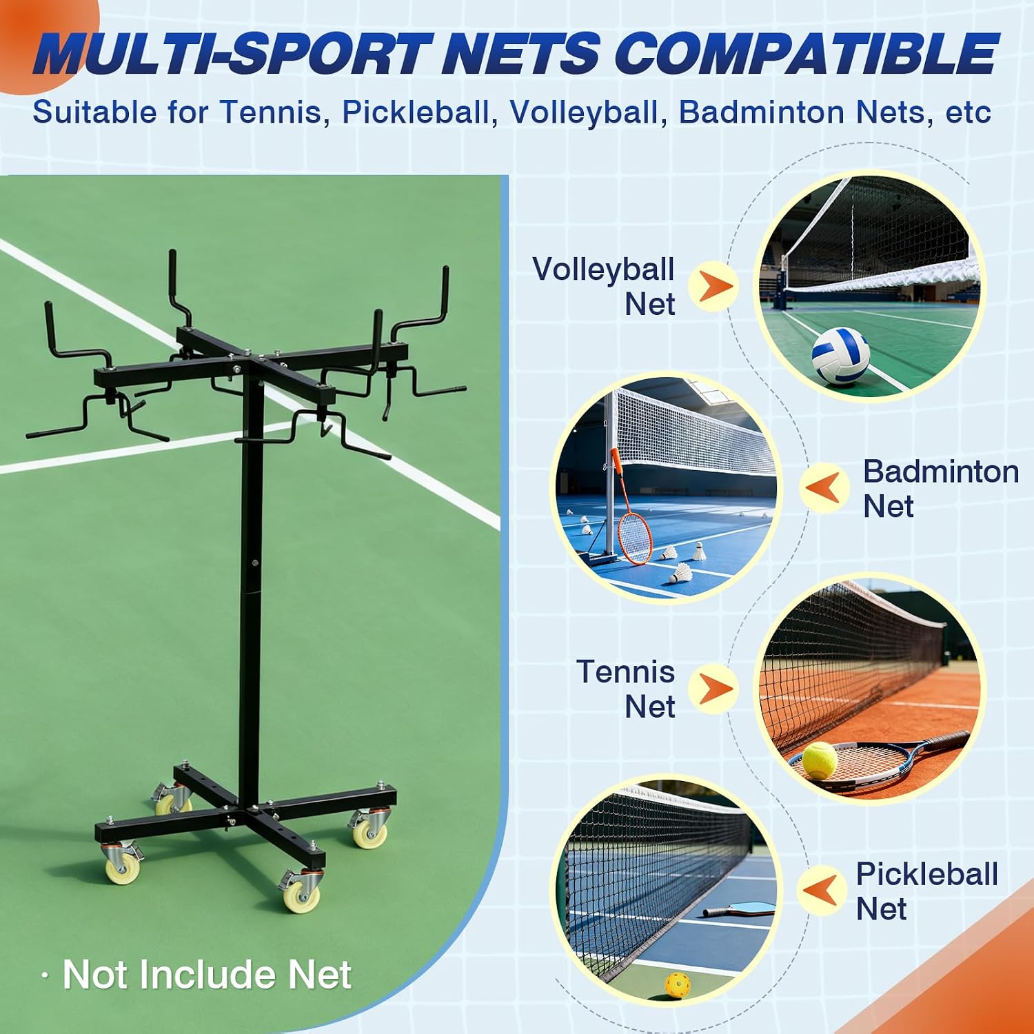 Movable Sports Net Storage Rack with Lockable Wheels, Heavy-Duty Holder for Volleyball, Tennis, Pickleball, Badminton Nets, Space-Saving Support Rack with Swivel Handle & Dust Covers