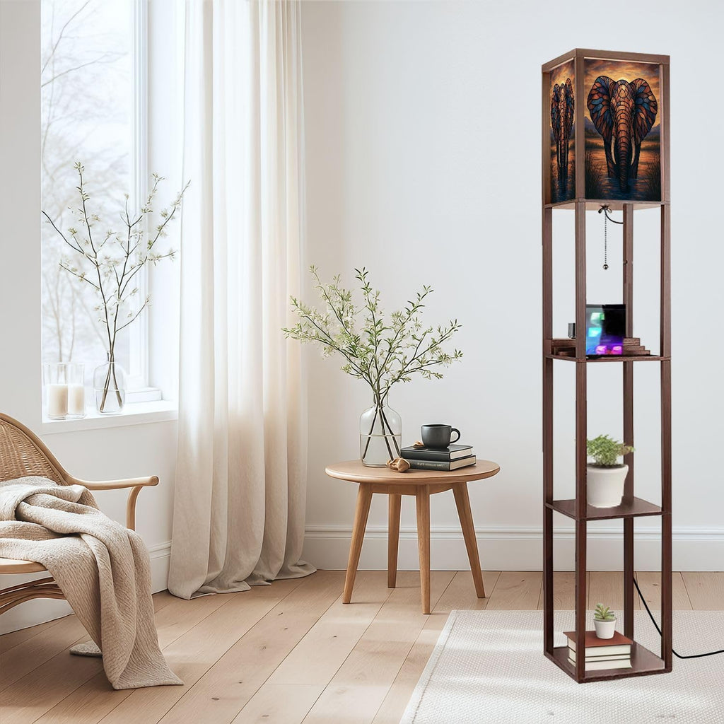 Floor Lamp with Shelves Colored Glass Elephant Sunset Standing Tall Lamp USB Ports & Power Outlet Modern Corner Lamp Nightstand Light for Living Room Bedroom