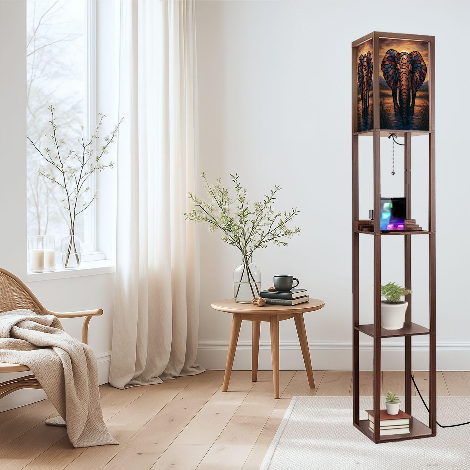 Floor Lamp with Shelves Colored Glass Elephant Sunset Standing Tall Lamp USB Ports & Power Outlet Modern Corner Lamp Nightstand Light for Living Room Bedroom