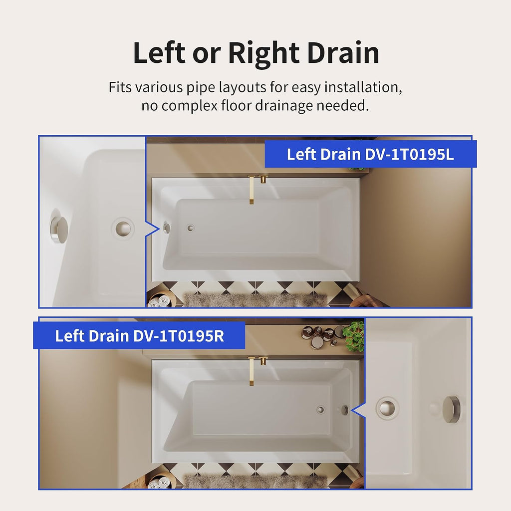 DeerValley 60'x30' Alcove Bath Tub, Acrylic Bathtub with Right Drain Integrated Apron Soaking Bath Tub, Ergonomic Deep Soak Tub with Pop-Up Drain and Integrated Overflow System, White, DV-1T0195R