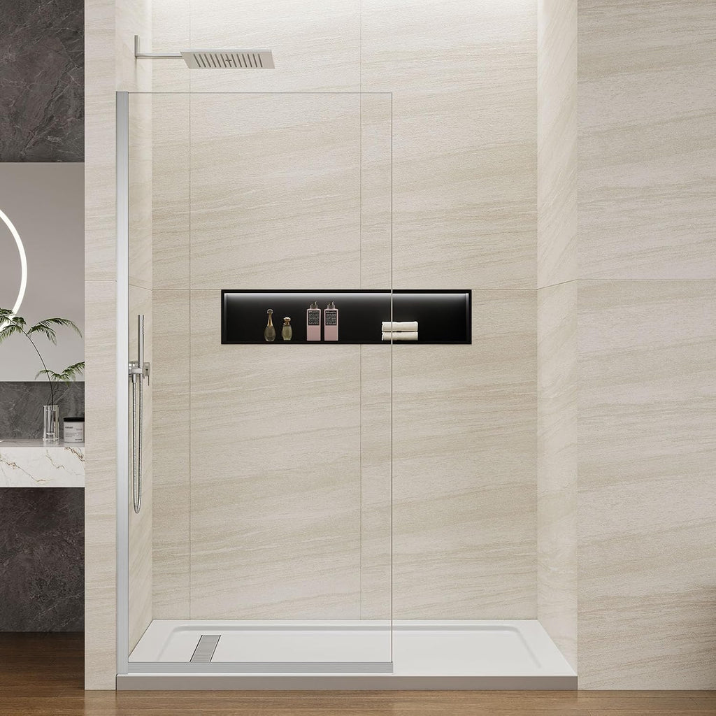 Shower Screen 36' x 76' Half Frameless Shower Wall Panel, Tempered Glass 3/8 inch, Easy to clean Coating, Fixed Glass Shower Door with Hardware (Brushed)