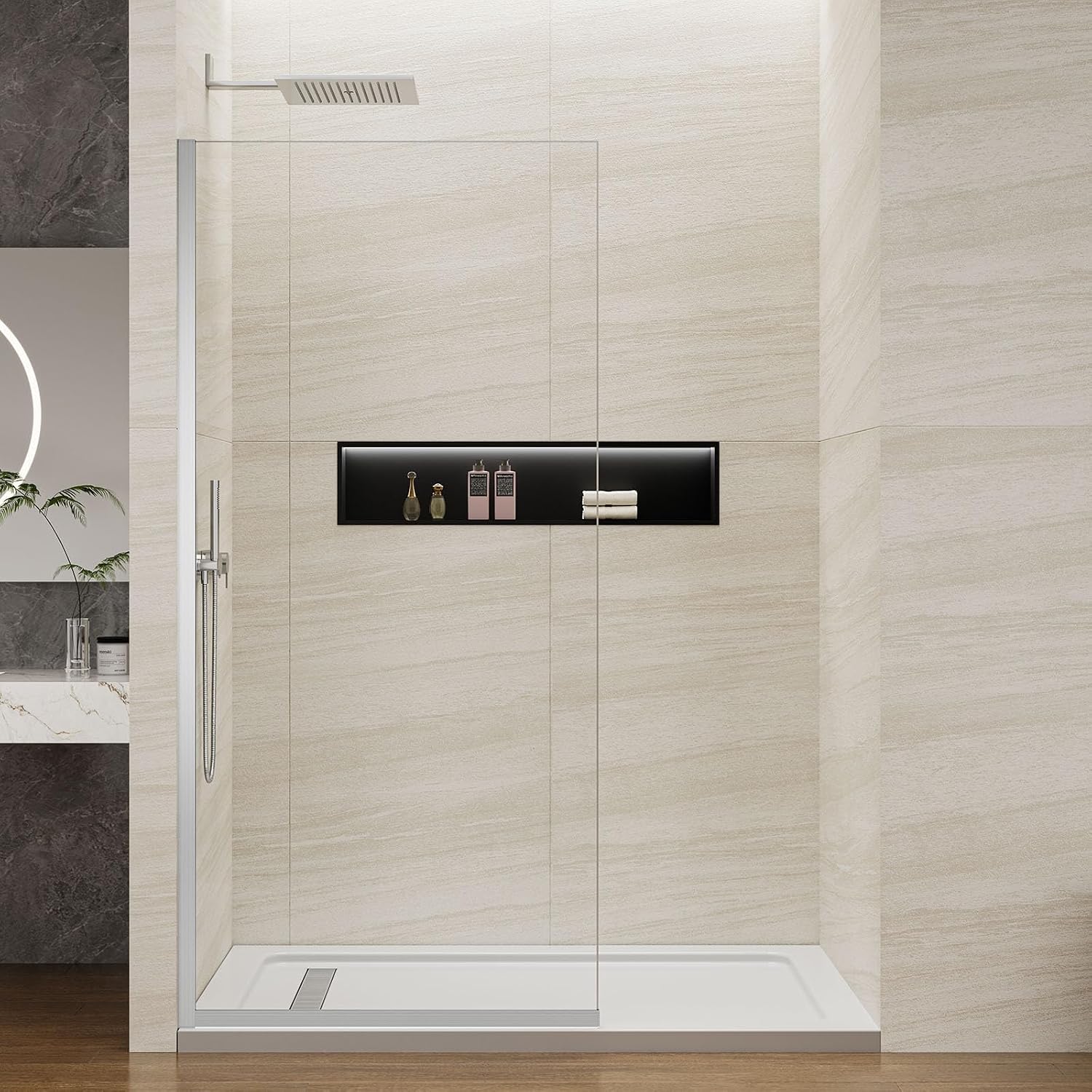 Shower Screen 36' x 76' Half Frameless Shower Wall Panel, Tempered Glass 3/8 inch, Easy to clean Coating, Fixed Glass Shower Door with Hardware (Brushed)