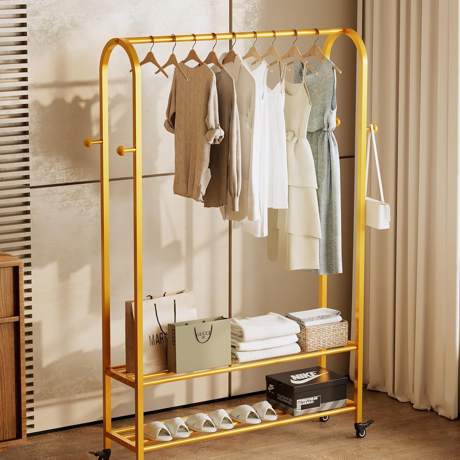 Sturdy Heavy Duty Clothes Rack With Wheels,Modern Clothing Rack With Shelves & hooks, Garment Racks for Hanging Clothes,Closet Rack for Bedroom,49.21in Wide,Clothes Storage and Display (gold)