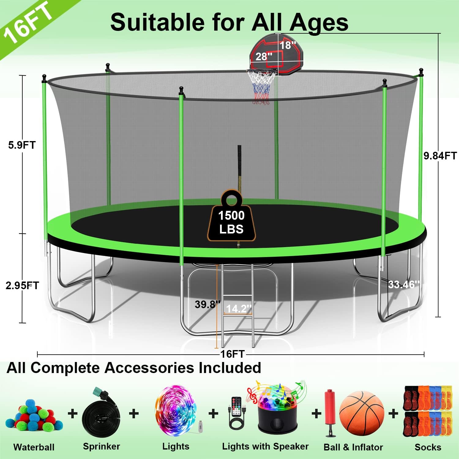 1500 LBS 16FT for Adults and Kids with Sprinkler, Lights with Speaker, Basketball Hoop, Ladder, Safety Enclosure Net, Water Ball, 16 Socks, Outdoor Heavy Duty Recreational - ASTM CPC CPSIA